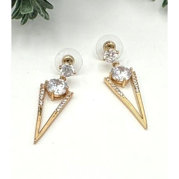 Gold Tone Drop Earrings With Clear Cubic Zirconia Stones & Rhinestone Detailing - Picture 1 of 6